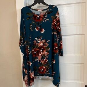 ODDY Teal Floral Long Sleeve Sharkbite Dress Tunic Top Sz 1XL
